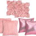 Oudain 6 Pcs Decorative 3D Rose Flower Pillow Cover, 16 x 16 Inch Faux Fur Throw Pillow Covers for Bed Square Sofa Bedroom Car(Pink Colors)