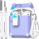 R-fun Compatible with AirPods 2nd Generation 2019,1st Gen 2016 Charging Case Cover, Full Drop Protection Auto Pop-Up Lid Compatible with Airpods Case with Cleaner Kit & Keychain,White/Lavender