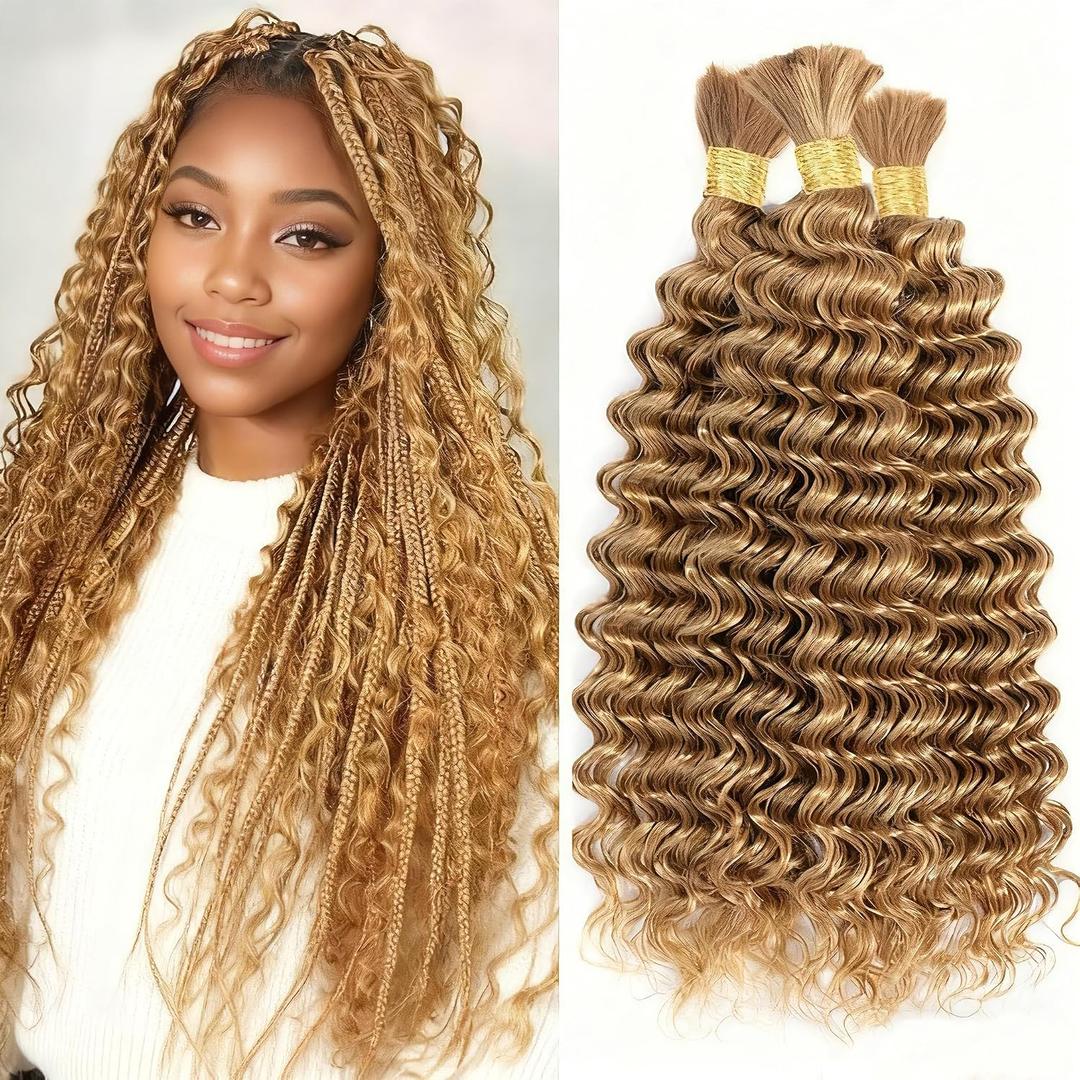 Cklikeb Braiding Human Hair 150g 16 Inch Color 27# Deep Water Wave Bulk Human Hair for Braiding No Weft Brazilian Virgin Deep Curly Human Hair Extensions for Boho Braids (27#, 16Inch 150g)