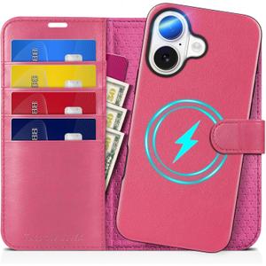 TUCCH Case for iPhone 16, [Detachable] 2 in1 Magnetic PU Leather Wallet Case with RFID Blocking [Wireless Charging] 4 Card Slot Kickstand Removable Shockproof Cover Compatible with iPhone 16, Hot Pink