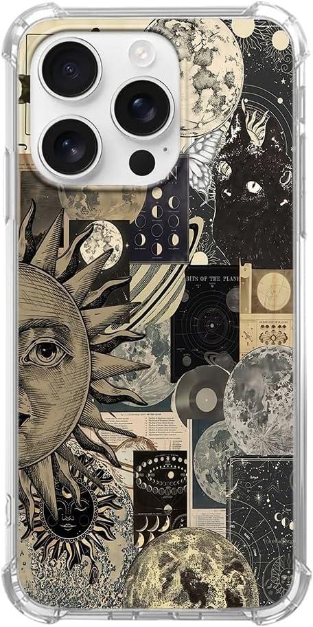 Aesthetic Vintage Grunge Case for iPhone 14 Pro, Skull Planets Collage Pattern for Men Women, Trendy Cool Soft TPU Bumper Cover for iPhone 14 Pro