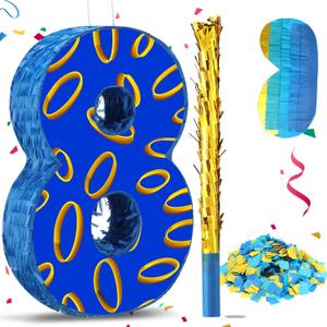 Soulchen Number 8 Piñata for Birthday Party Supplies 16.5 x 11.4 x 3 Inches Blue and Golden Ring Piñata with Blindfold Stick Confetti for Cartoon Theme Party Decorations Fiesta Anniversary Celebration