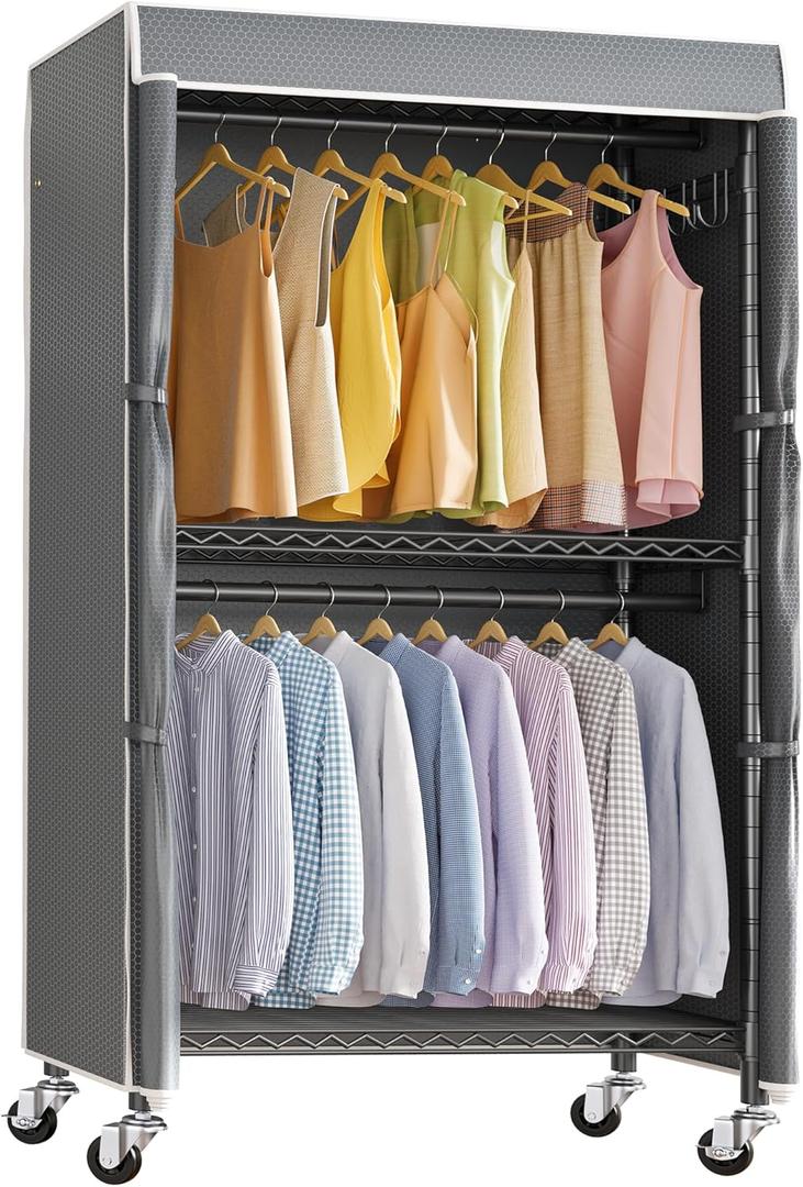 VIPEK R2C Medium Rolling Garment Rack with Cover Heavy Duty Clothes Rack Adjustable Clothing Rack for Hanging Clothes Portable Closets with Double Rods, Wardrobe on Wheels, Black Rack with Grey Cover