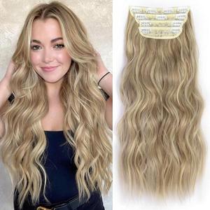 ALXNAN Clip in Long Wavy Synthetic Hair Extension 24 Inch Dirty Blonde 4PCS Thick Hairpieces Fiber Double Weft Hair for Women