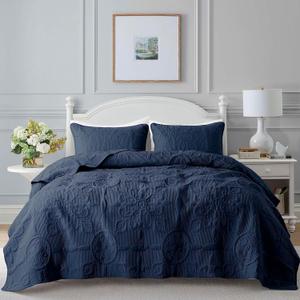 B2EVER Navy Blue Damask Quilt Twin Size Bedding Sets with 1 Pillow Sham, Boho Bedspread Lightweight Soft Farmhouse Vintage Bohemian Coverlet Retro Jacquard Pattern Bed Cover for All Season, 2 Pieces