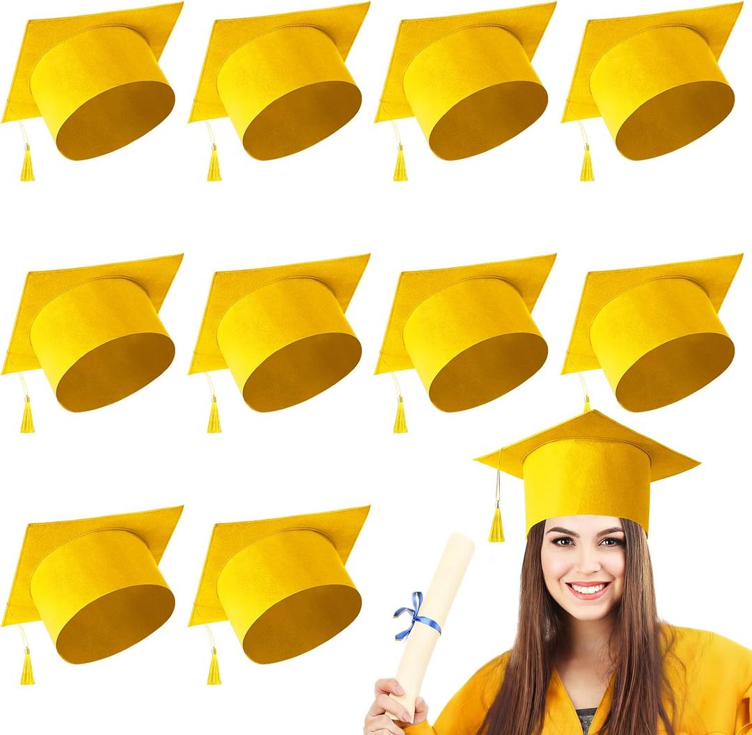 JaGely 10 Pcs Adult Graduation Cap with Tassel Felt Grad Hat for Men Women Bachelor Master College Costume Accessory (Gold)