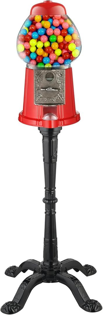 15 Gumball Machine with Stand and Coin Bank - Bubble Gum Machine Candy Dispenser Vending Machine with Glass Globe and Metal Base - Vintage Style Gum Ball Machine by Great Northern Popcorn (Red)