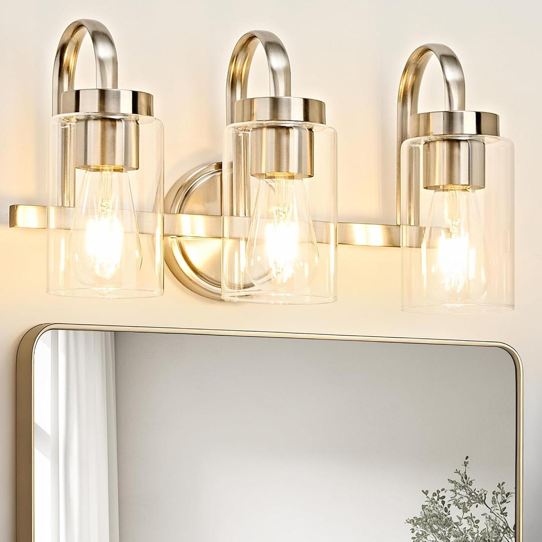 3 Light Bathroom Vanity Light, Brushed Nickel Vanity Lights for Bathroom, Modern Light Fixtures Over Mirror with Clear Glass Shade, Wall Sconce Lighting for Bedroom Living Room Hallway