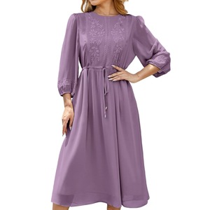 Women's Casual 3/4 Sleeve Fall Floral-Embroidered Long Dress Crew Neck Flowy Swing Dress with Pockets L