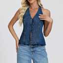 D-Sun Women Sleeveless Denim Vest Denim Halter Top Tie Backless Button Down Y2K Strapless Front Slit Sexy Jean Tank (Blue, XL)