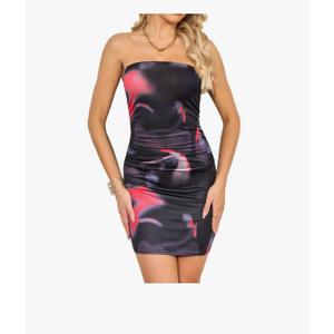 VIPONES Women's Summer Tube Dress Ruched Bodycon Y2K Slim Fit Party Club Cocktail Short Mini Floral Dresses, Size XS
