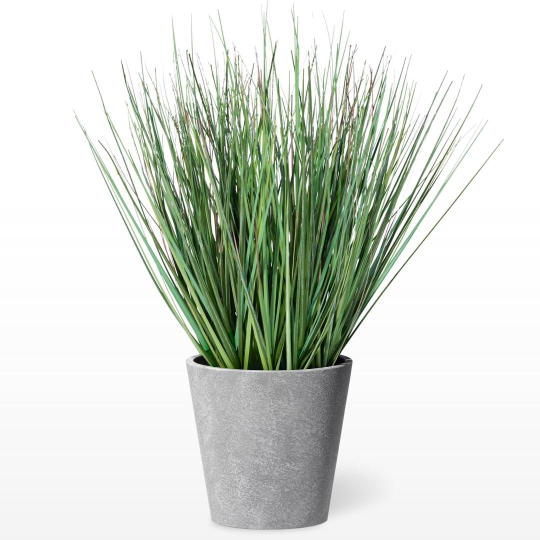Torre & Tagus 16" Artificial Onion Grass in Textured Gray Round Pot, Faux Grass Plant & Tall Foliage Fake Grass Decor as Artificial Grass for Planters, 10" x 10" x 16" (Onion Grass Fake Plant)