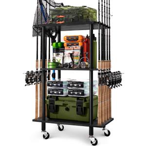 Ghosthorn Fishing Rod Holders for Garage Fishing Pole Rack Hold up to 10 Rods Fishing Pole Holders Wooden Organizer Fishing Rod Rack car Fishing Gear Storage Equipment (Black, 3 Tier)