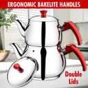 Hakan Teapot Set 107 Oz with Self Strainer Double Lids, Stainless Steel Maxi Double Bondy Tea Pot Set 3.2 L, 3.3-Quart, Turkish Samovar Style, Tea Kettle for Loose Leaf Tea with Red Bakelite Handle