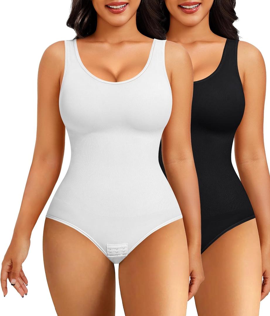 Nebility 2 Piece Shapewear Bodysuit for Women Tummy Control Slim Fit Sleeveless Round Neck Body Suit (Medium-Large, Black/White 2pk)
