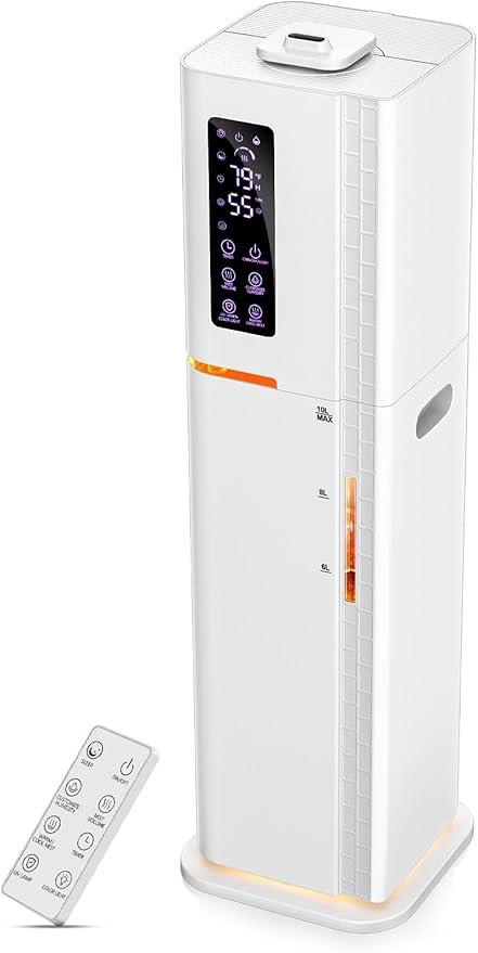 Humidifier with Warm & Cool Mist - 2.64Gal Top Fill, 500 sq ft Coverage, 60H Runtime, Remote, Humidity Control, Aroma Tray & Mood Light (Yellow/Blue)