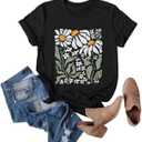Cute Boho Floral Graphic T-Shirt for Women Vintage Daisy Wildflower Print Tee Trendy Summer Casual Tops (Medium, Black)