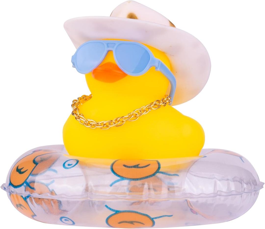 Yellow Duck Dashboard Decorations Mini Rubber Ducks Car Ornament Accessories with Mini Cowboy Hat Swim Tube Necklace and Sunglasses for Car Dashboard Home Office(N22)