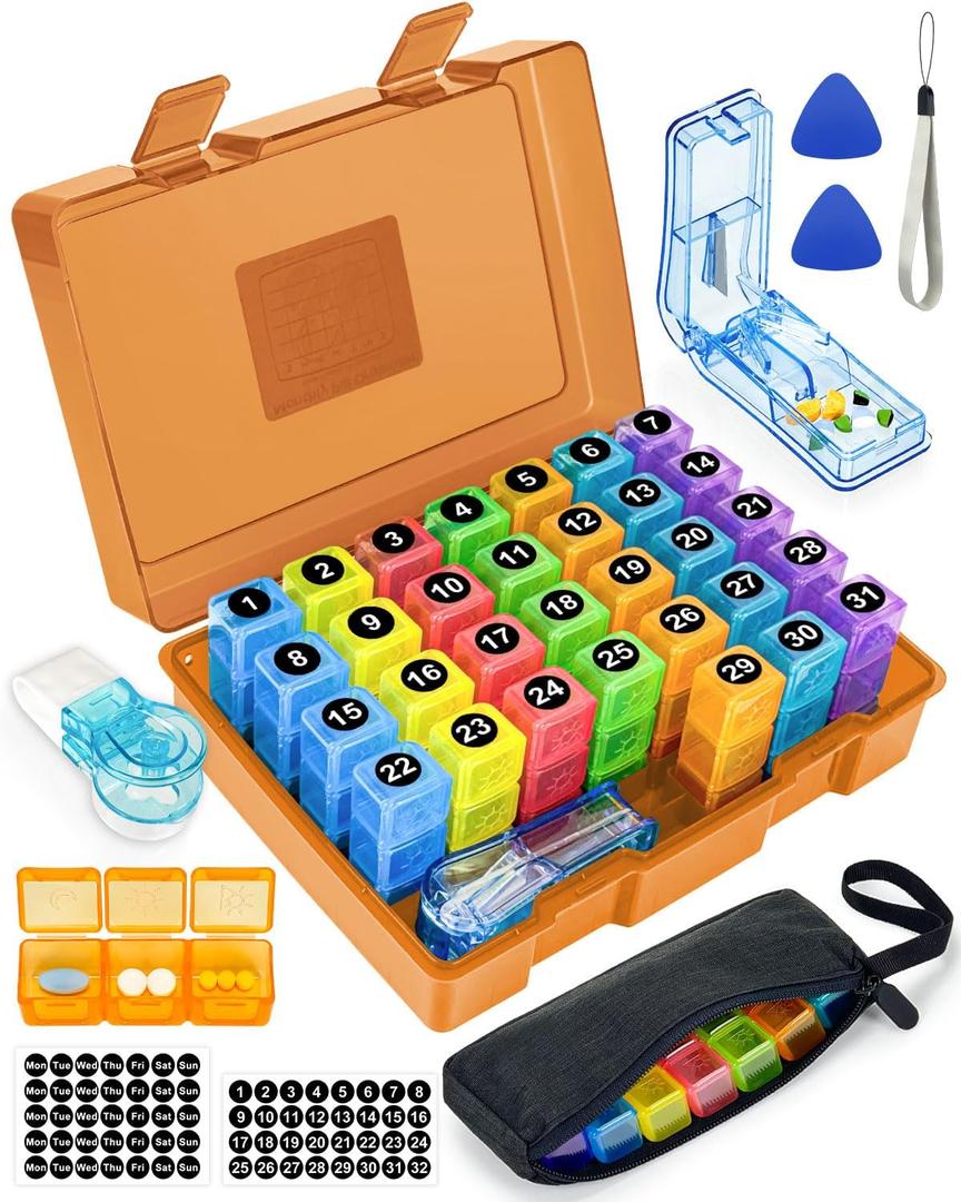 Monthly Pill Organizer 3 Times a Day – Yonlog Large Medicine Box with Weekly Travel Bag, Pill Cutter, Easy-Open Pick, Pill Taker Tool, and 2 Medication Stickers (Tea, 3 Times a Day)