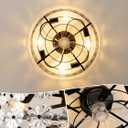 Black Modern Flower Crystal Fandelier with Light and Remote, Rustic Caged Ceiling Fan Flush Mount, Low Profile Ceiling Fans with Lights, 6-Speed Reversible for Bedroom, Girls Room, Living Dining Room