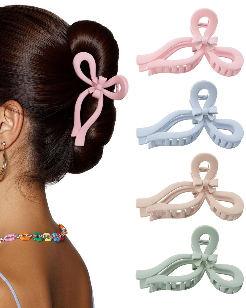 4 PCS Bow Hair Clips for Women Bow Claw Clip 4" Large Hair Claw Clips for Thick and Long Hair Cute Bows Jaw Clip (4" - Pink + Blue + Green + Dark Apricot, 4" Larger) (1 Count (Pack of 4))