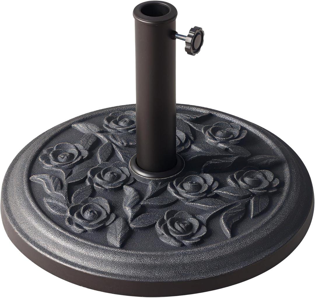 Outsunny 18" 20 lbs Round Resin Umbrella Base Stand Market Parasol Holder with Decorative Rose Floral Pattern & Easy Setup, for 1.5, 1.89 Pole, for Lawn, Deck, Backyard, Garden, Bronze