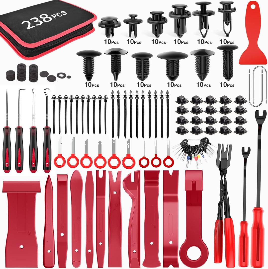 GOOACC 238Pcs Trim Removal Tool, Auto Push Pin Bumper Retainer Clip Set Fastener Terminal Remover Tool Adhesive Cable Clips Pry Kit Car Panel Radio Removal Auto Clip Pliers (120Pcs Clips + 118 Remover Red)