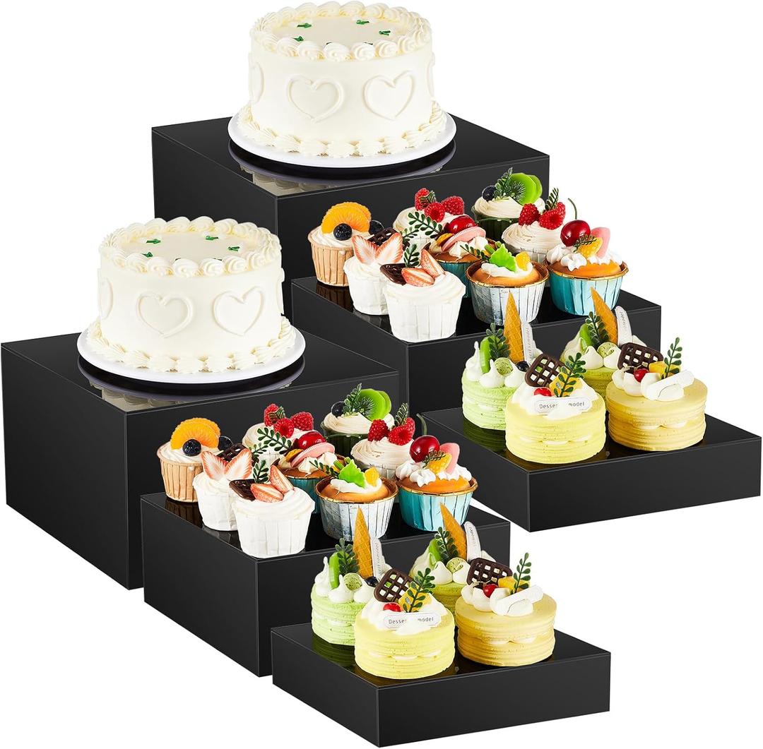 Suzile 6 Pcs Acrylic Riser Set 8 9 10 In Buffet Risers with Hollow Bottoms Nesting Food Display Stands for Party 5 Side Acrylic Cubes for Display Catering Dessert Cupcake Weddings Party (Black)