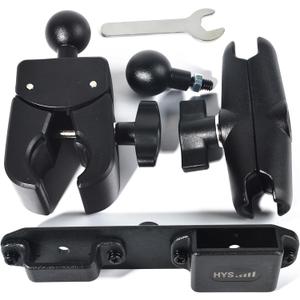 HYS Heavy-Duty Clamp Mount for Two-Way Radios - 360 Adjustable Aluminum Arm with Dual Ball Heads, HT & Shoulder Speaker Mic Belt Clip Holder - Universal Desktop/Pole Mount for Indoor/Outdoor Use