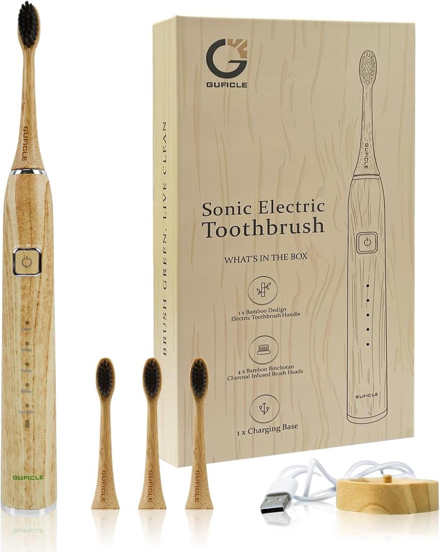 Bamboo Electric Toothbrush with 4 Charcoal Infused Bamboo Brush Heads, 5 Modes, Sonic Technology, 38,000 VPM, 80-Day Battery Life, IPX7 Waterproof, Smart Timer for Adults (Wood)