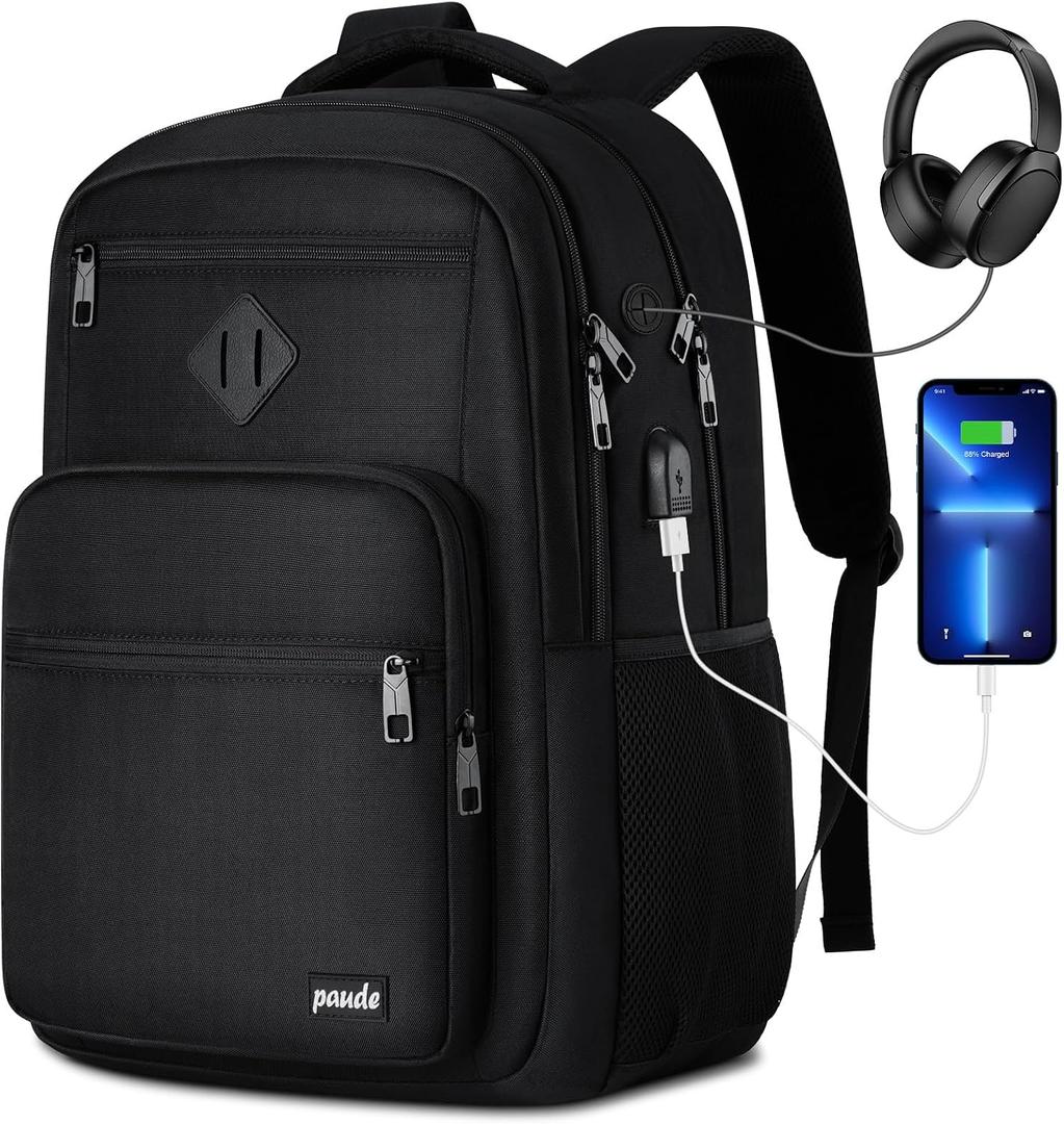 Paude Black Backpack,School Backpack for Teens Adults Laptop Bookbag for High School College Students Back Pack for Work