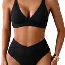 Sexy Ribbed Bikini Set 2 Piece Womens High Waisted V-Cut Cheeky High Leg Tummy Control Longline Swimsuit (Medium, Black)