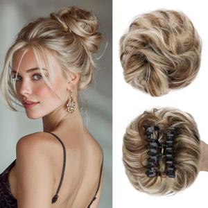 Rich Choices Claw Clip Messy Bun Hair Piece 100% Real Human Hair,Curly Wavy Thick Chignon Hair Extensions,Tousled Updo Hair Buns for Women 42g #4P613 Medium Brown Highlighted Bleach Blonde