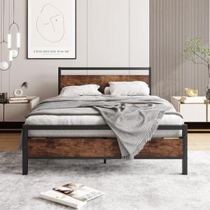 HOJINLINERO Full Size Bed Frame with Headboard, Heavy Duty Platform Bed Frame Full Reinforced Steel Square Tube Platform Strong Slats Support/No Box Spring Needed,Black and Rustic Brown