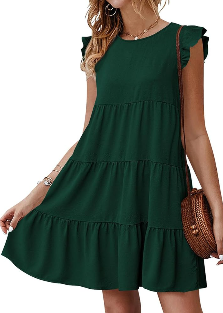 KIRUNDO Women's Summer Dresses Sleeveless Ruffle Sleeve Round Neck Solid Loose Short Flowy Pleated Mini Babydoll Dress, XL