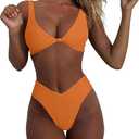 geluboao Bikini Set for Women Solid V Neck Knot Front Push Up High Leg Thong Two Piece Swimsuit (Large, Orange)
