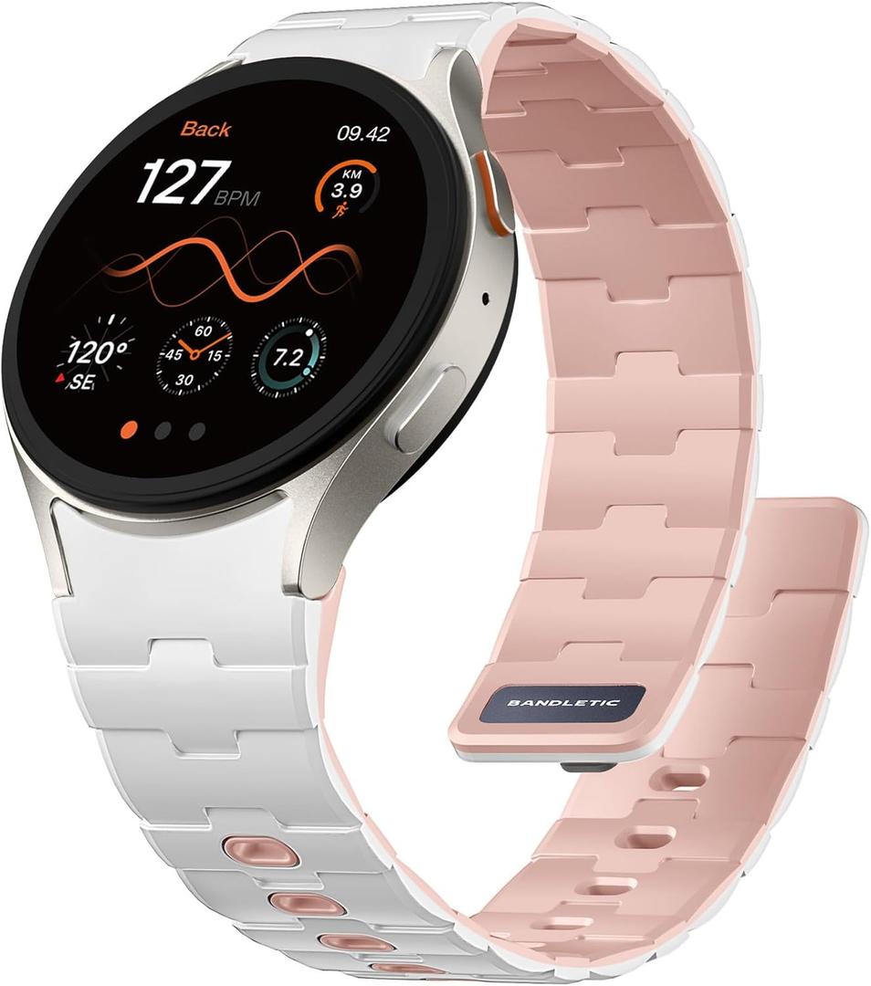 Bandletic No Gap Band Compatible With Galaxy Watch 6 band - Magnetic Silicone Band for Samsung Watch 7 5 4 FE 40mm 44mm/for Galaxy Watch 6 4 Classic 43mm 47mm 42mm 46mm/Watch 5 Pro 45mm, White/Pink