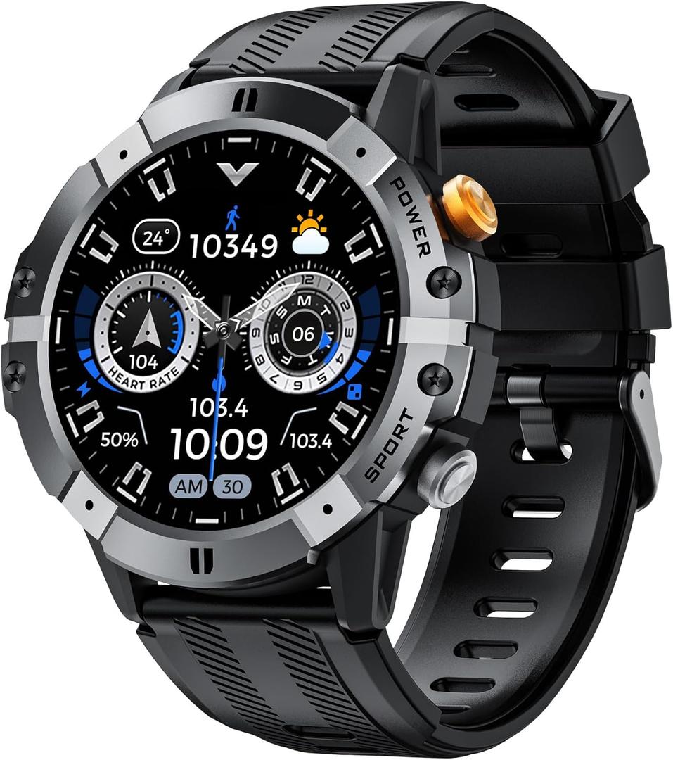 Smart Watches for Men Military Watches Blood Pressure Monitor Heart Rate Sleep Monitor Make/Answer Call SNS Msaage Reminder Fitness Tracker Pedometer Step Counter Waterproof iOS Android Phones (Silver)