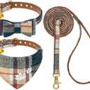 EXPAWLORER Dog Collar and Leash Set - Embroidery Pawprints Plaid Dog Collar and Dog Leash Set, Bow Tie and Bandana Dog Collar with Bell, Collar and Leash for Dogs Cats Outdoor Walking, Khaki S-M