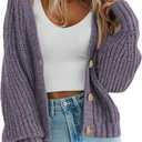 PRETTYGARDEN Women's Chunky Knit Open Front Sweater Long Sleeve Button Loose Short Cardigan Outerwear Coats (Large, Grey Purple)