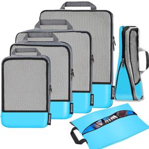BAGAIL 4 Set/6 Set/8 Set Compression Packing Cubes Travel Accessories Expandable Packing Organizers(Blue HalfMesh 6 Set)