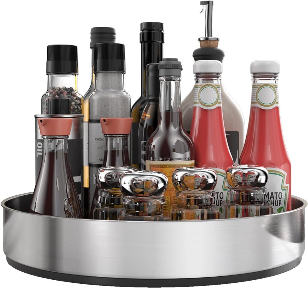 VAEHOLD Pantry Cabinet Lazy Susan Stainless Steel Black Spice Rack Turntable - Decorative Trays Storage Containers Organizer for Kitchen Cabinet, Snacks, Bathroom (12 inches) (Silver)