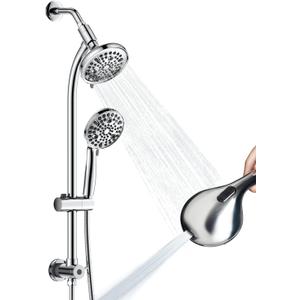High Pressure Handheld/Rain 82-mode 3-way Shower Head Combo with 25.75" Adjustable Drill-free Stainless Steel Slide Bar, Pet & Tub Power Wash and Anti-clog Nozzles, with 5ft Hose - Polished Chrome
