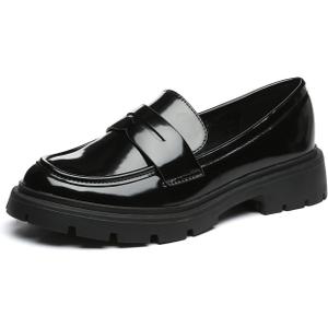 Women's Chunky Platform Loafers with Buckle Patent Leather Black Penny Loafers Fashion Office Work Business School Dressy Casual Shoes Comfortable Slip-on (Size 8)