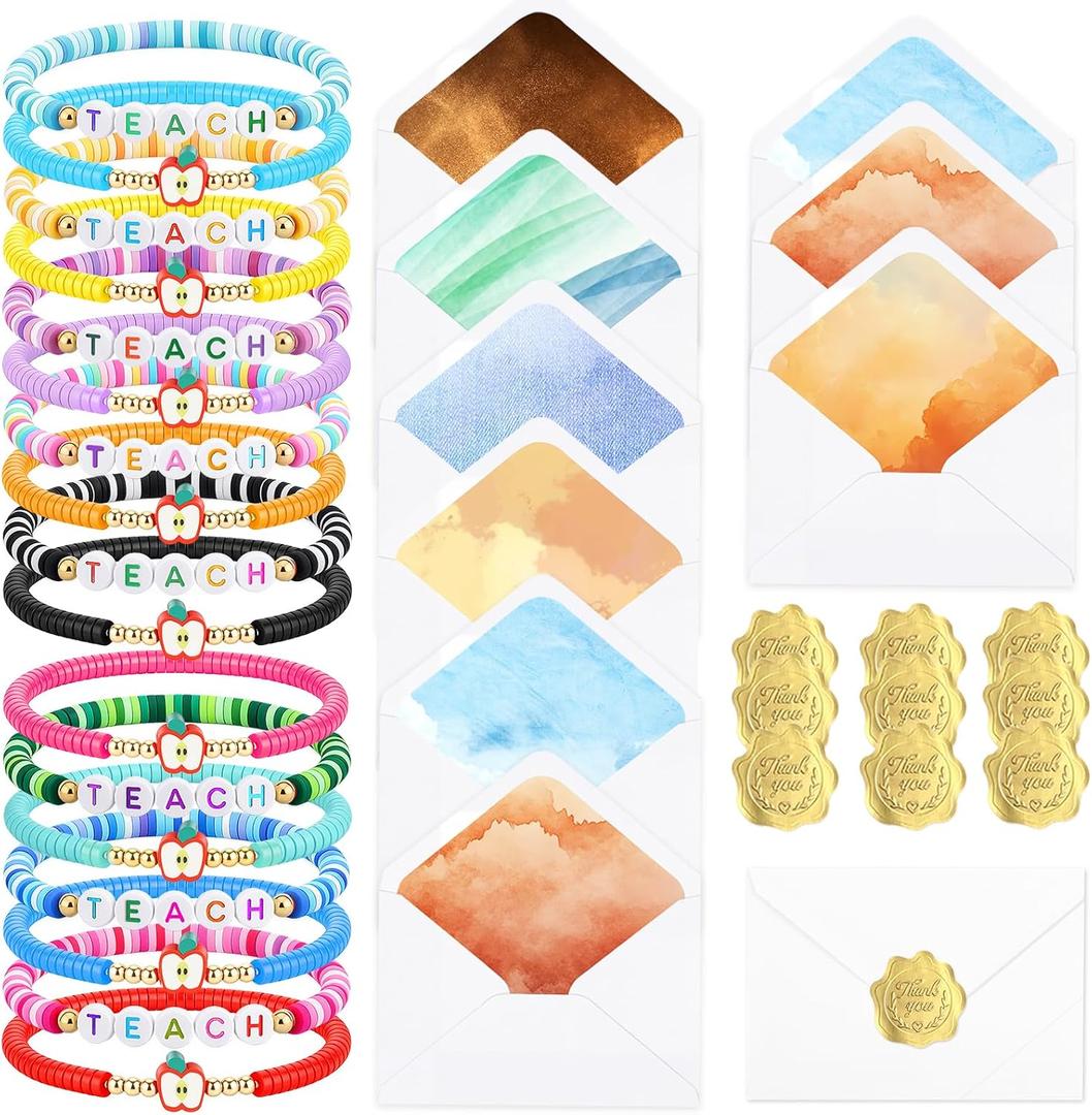 Sureio 9 Pcs Back to School Teacher Bulk Teacher Appreciation Gifts Elastic Clay Beaded Gift with Greeting Cards Envelopes Gold Foil Stickers for First Day of School