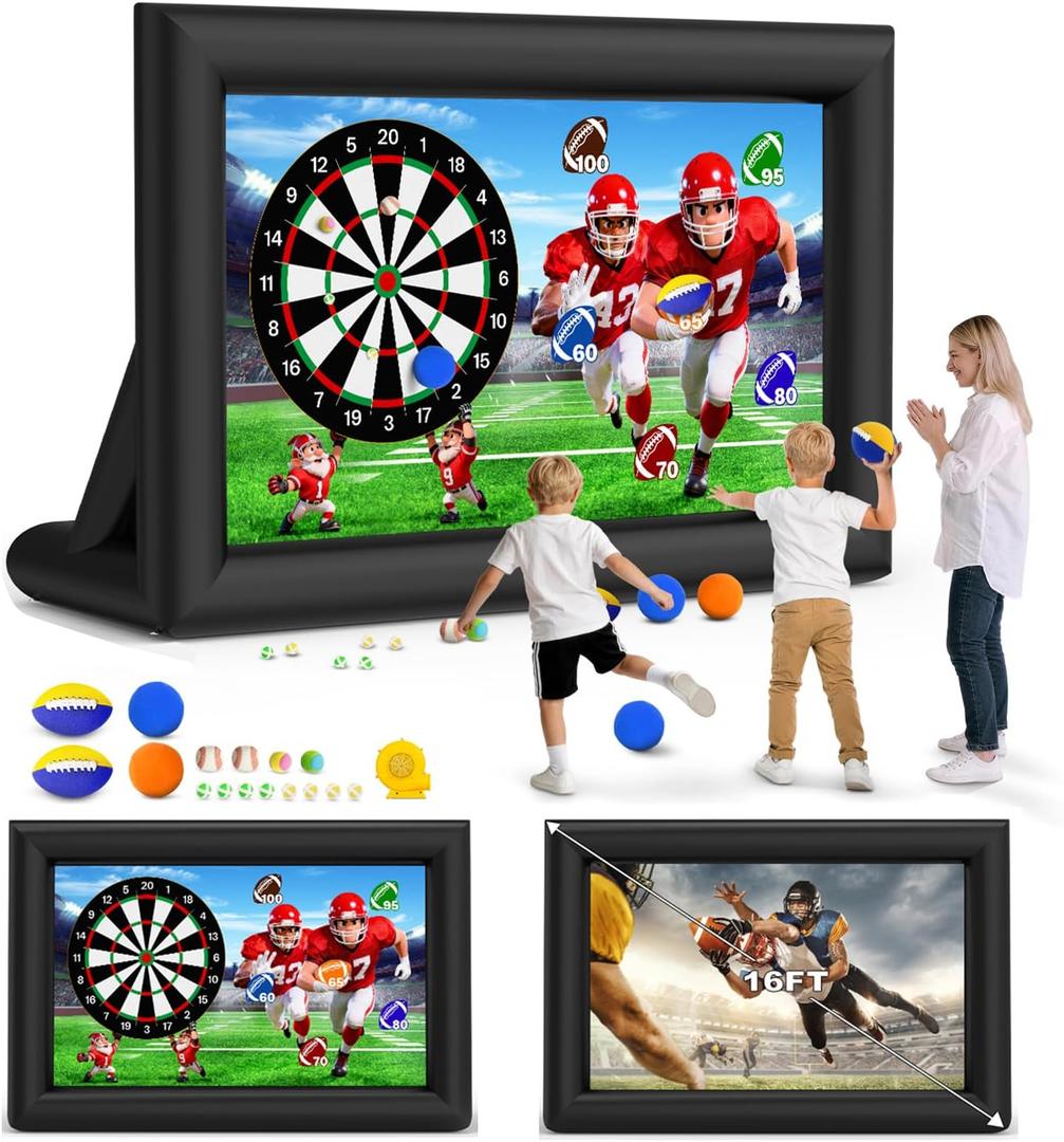 3-in-1 16FT Inflatable Projector Screen - Outdoor Movie Screen, Dart Board and Football Target with 180W Blower, Front/Rear Screen for Celebration & Outside Movie Night
