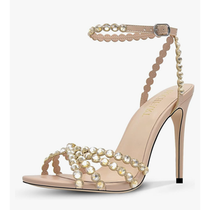 Rhinestone High Heels Stiletos Heels for Women Strappy Buckle Heels Round Toe Sexy Dressy Pumps Sandals 8 Gold