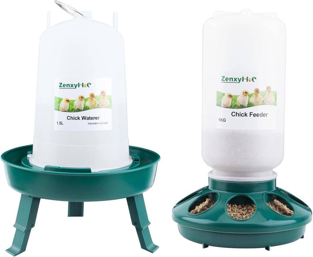 Chick Feeder and Waterer Set, 0.3 Gal Feeder and 0.4 Gal Waterer with 3 Adjustable Heights (Green)