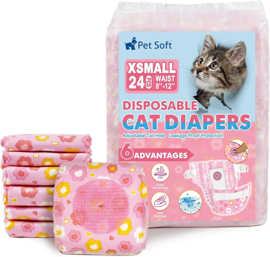 Pet Soft Disposable Cat Diapers - Diaper for Female & Male Cats, Puppy Doggie Diapers for Female Dogs with Adjustable Foam Tail Hole, X-Small (24Pcs, PK Flowers)