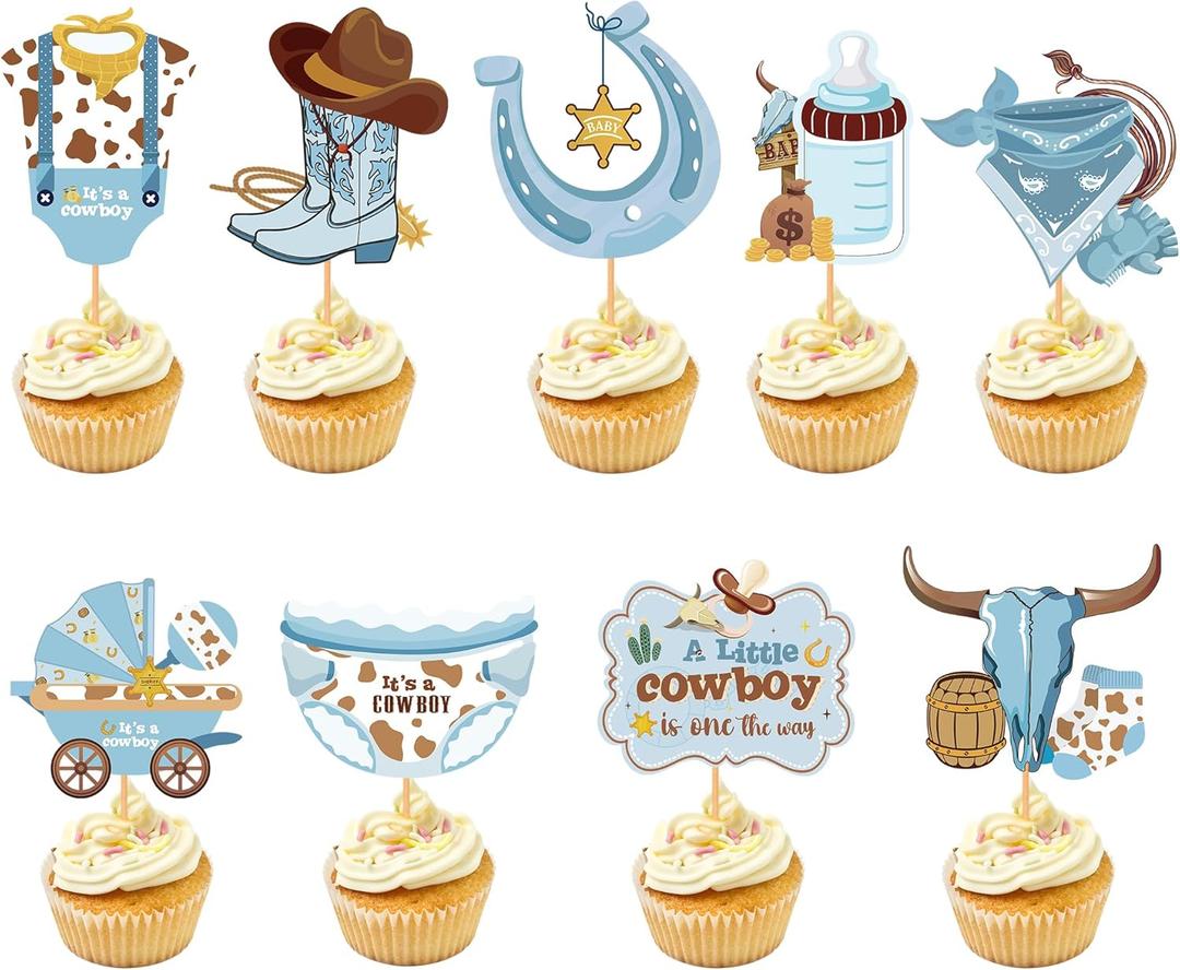 Cowboy Cupcake Toppers Baby Shower - 36 Pcs Western Theme Cupcake Toppers Cowboy Boots Hat Bottle Cake Decorations Supplies For Kids Boys My First Rodeo Birthdays Baby Shower Decoration Party